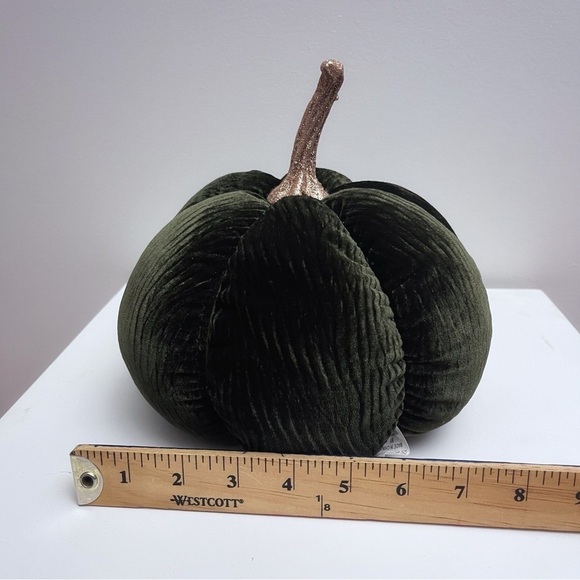Emerald Green Ribbed Velvet Gold Sparkly Stem Pumpkin Plush Fall Home Decor - Picture 11 of 11